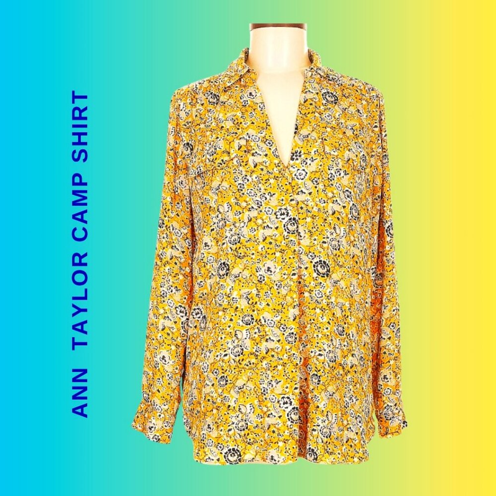 Ann Taylor Camp Shirt – Yellow Floral Print – Size XL